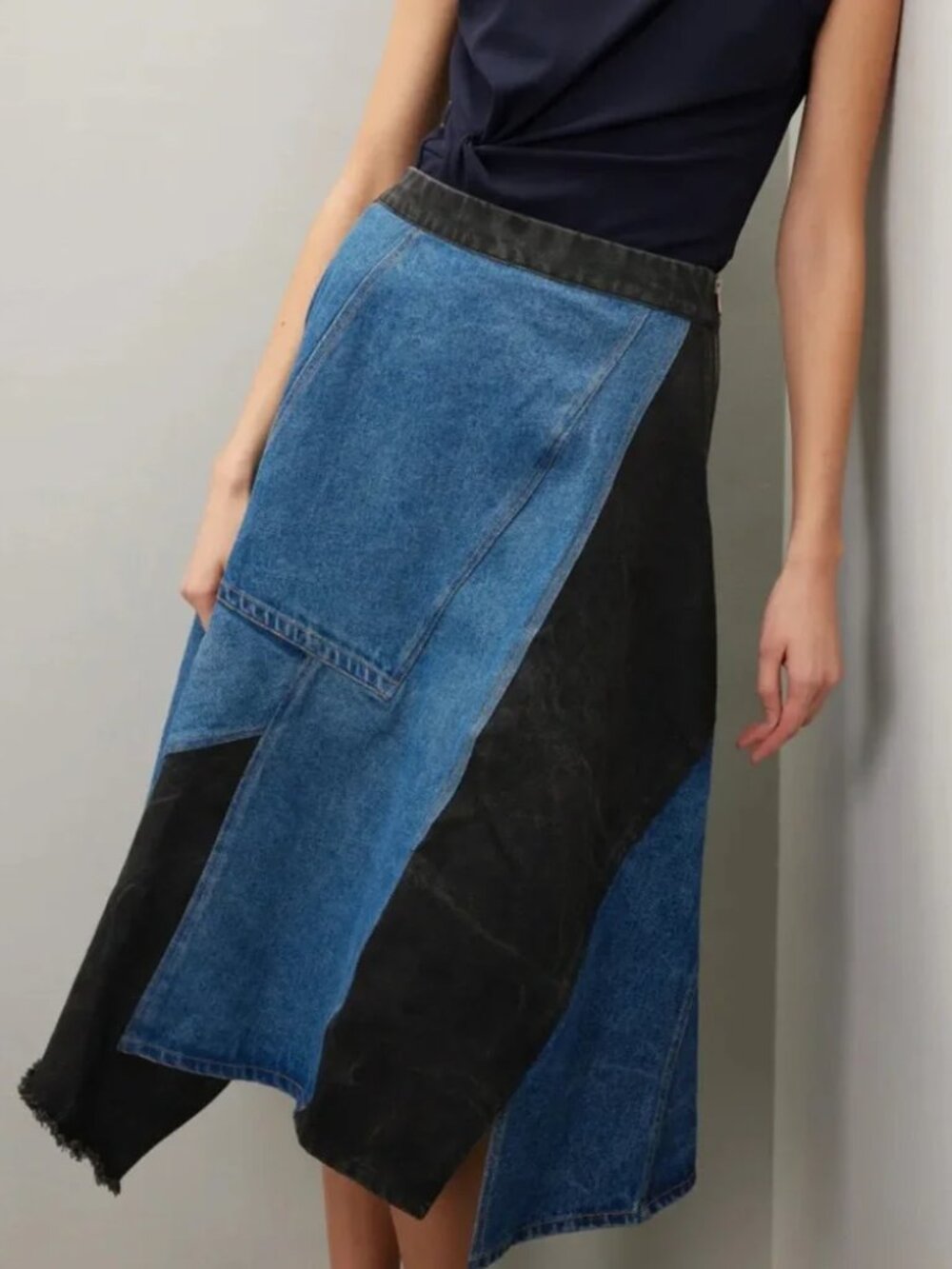 SEA New York Elena Skirt baggy pieced Denim Patchwork Midi Grunge asymmetric 6 - Picture 12 of 16